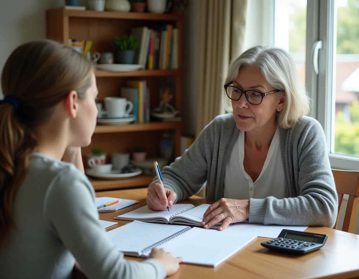 Tutrice et adolescente travaillant ensemble sur des devoirs à la maison, papiers éparpillés sur une table en bois