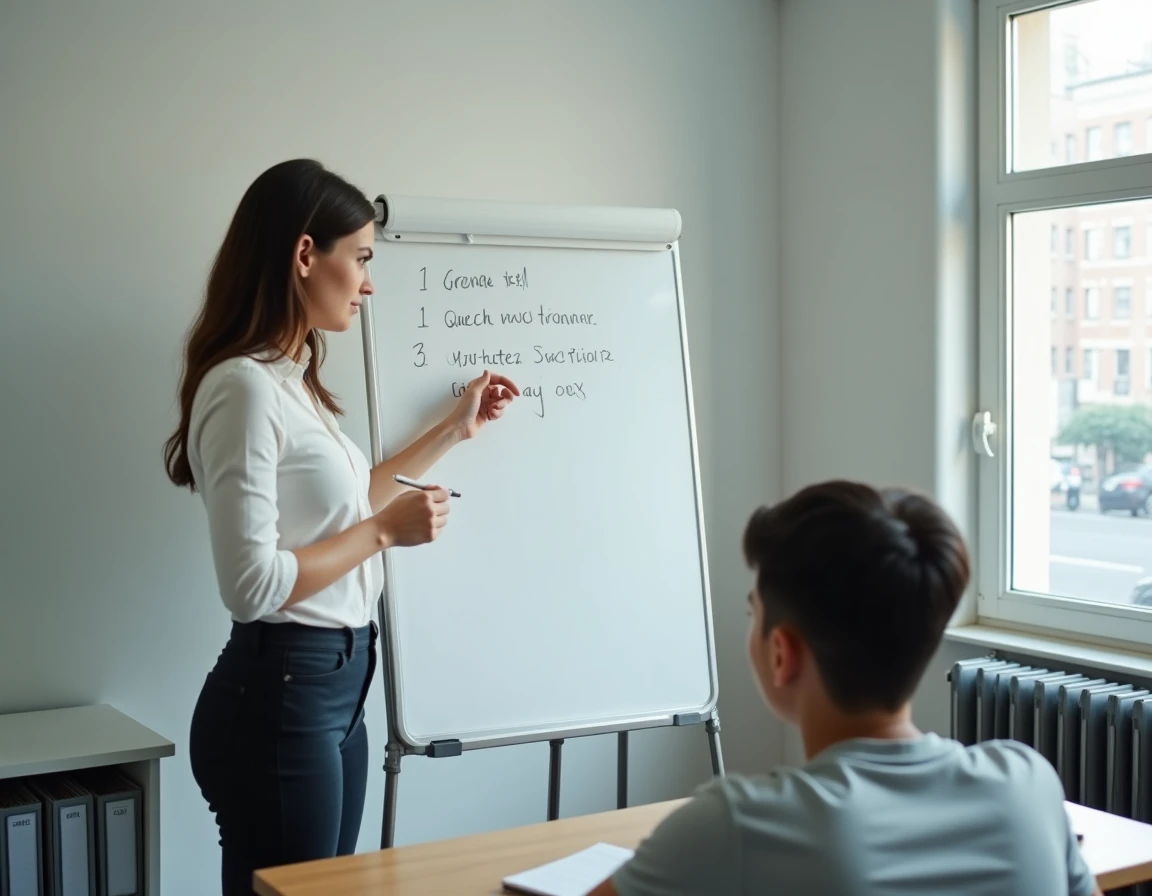 Jeune tutrice expliquant un exercice de grammaire sur un tableau blanc dans une salle de cours minimaliste