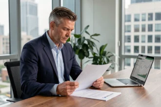 Homme d'affaires analysant des documents de parts de SCPI dans un bureau moderne
