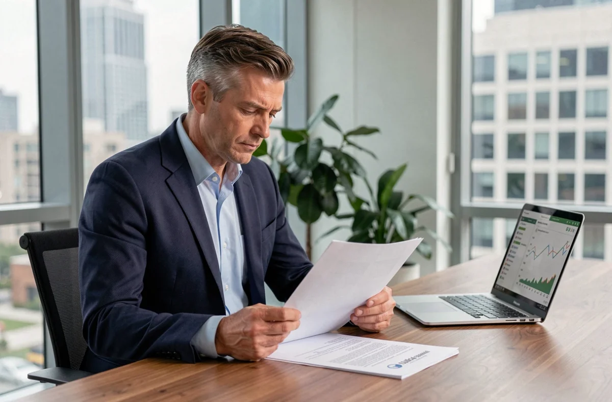 Homme d'affaires analysant des documents de parts de SCPI dans un bureau moderne