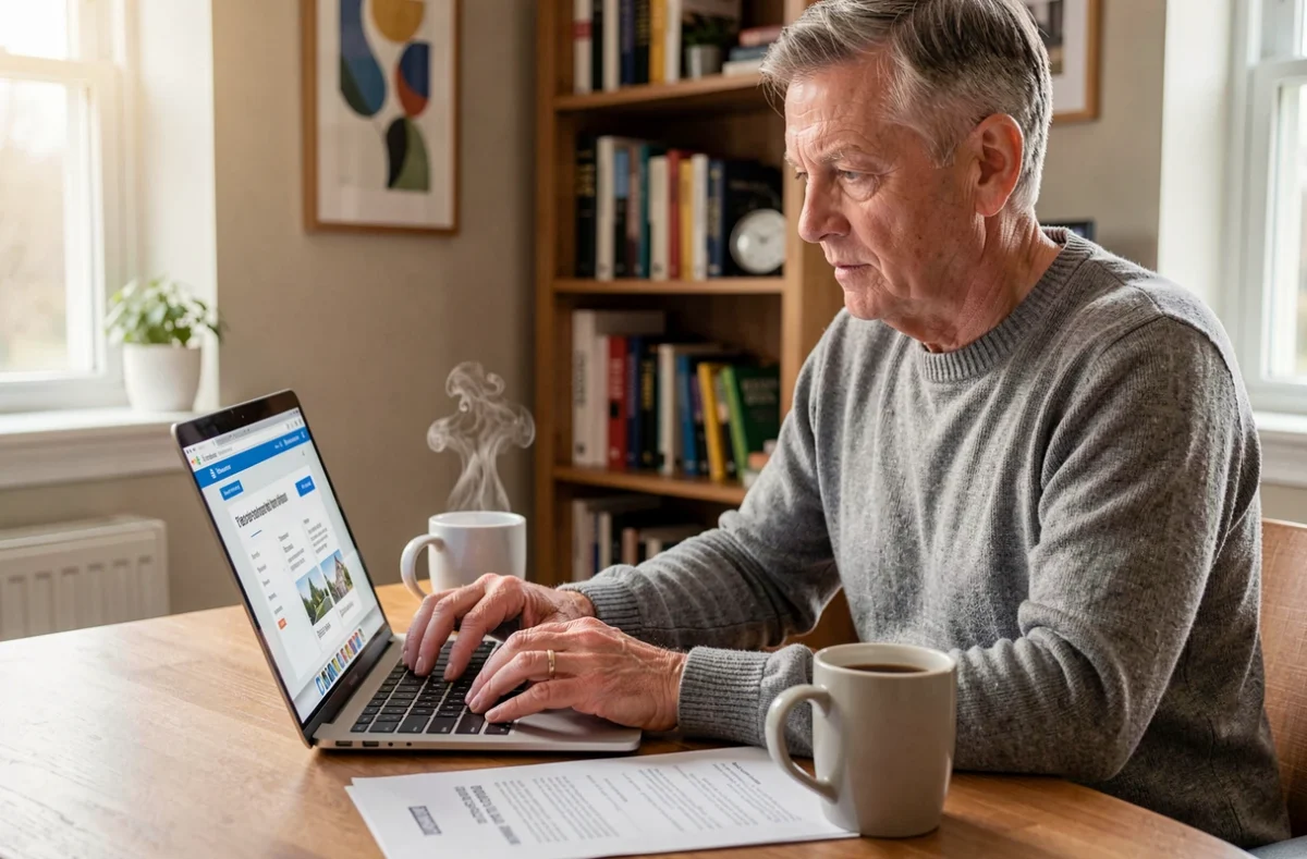 Particulier gérant la vente de ses parts de SCPI en ligne depuis son bureau à domicile
