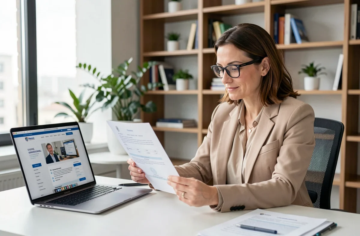Femme vérifiant un certificat de garantie décennale d'une entreprise sur son bureau