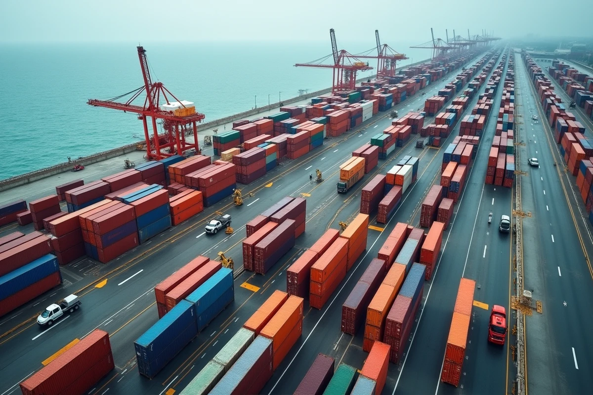 Vue aérienne d'un terminal portuaire à conteneurs illustrant l'activité du fret maritime mondial
